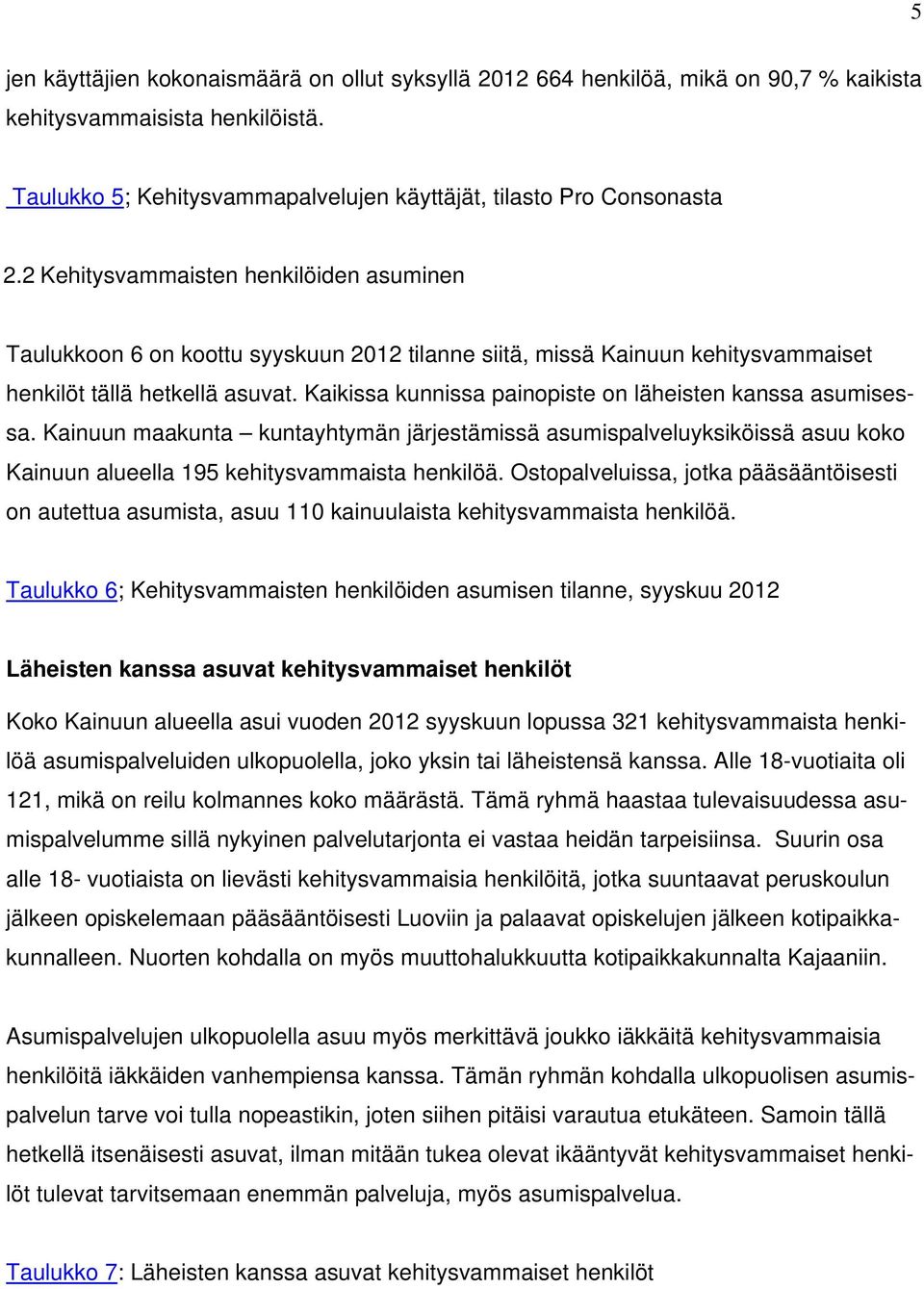 Kaikissa kunnissa painopiste on läheisten kanssa asumisessa. Kainuun maakunta kuntayhtymän järjestämissä asumispalveluyksiköissä asuu koko Kainuun alueella 195 kehitysvammaista henkilöä.