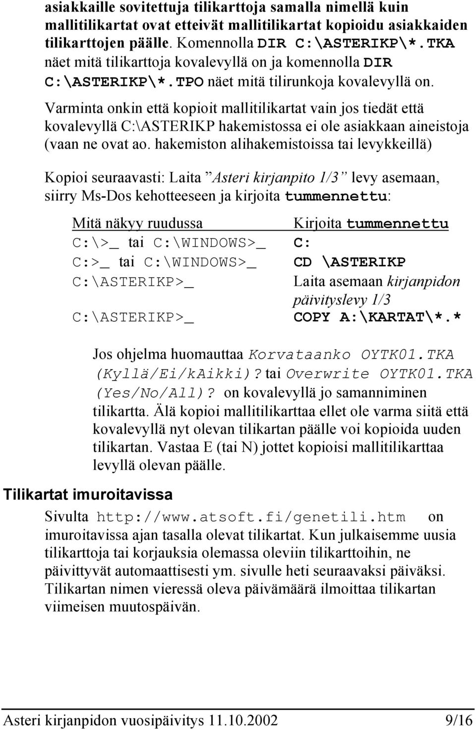 Varminta onkin että kopioit mallitilikartat vain jos tiedät että kovalevyllä C:\ASTERIKP hakemistossa ei ole asiakkaan aineistoja (vaan ne ovat ao.