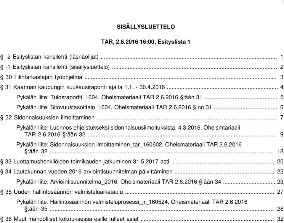 Oheismateriaali TAR 2.6.2016 :nn 31... 6 32 Sidonnaisuuksien ilmoittaminen... 7 Pykälän liite: Luonnos ohjeistukseksi sidonnaisuusilmoituksista. 4.3.2016. Oheismtariaali TAR 2.6.2016 :ään 32.