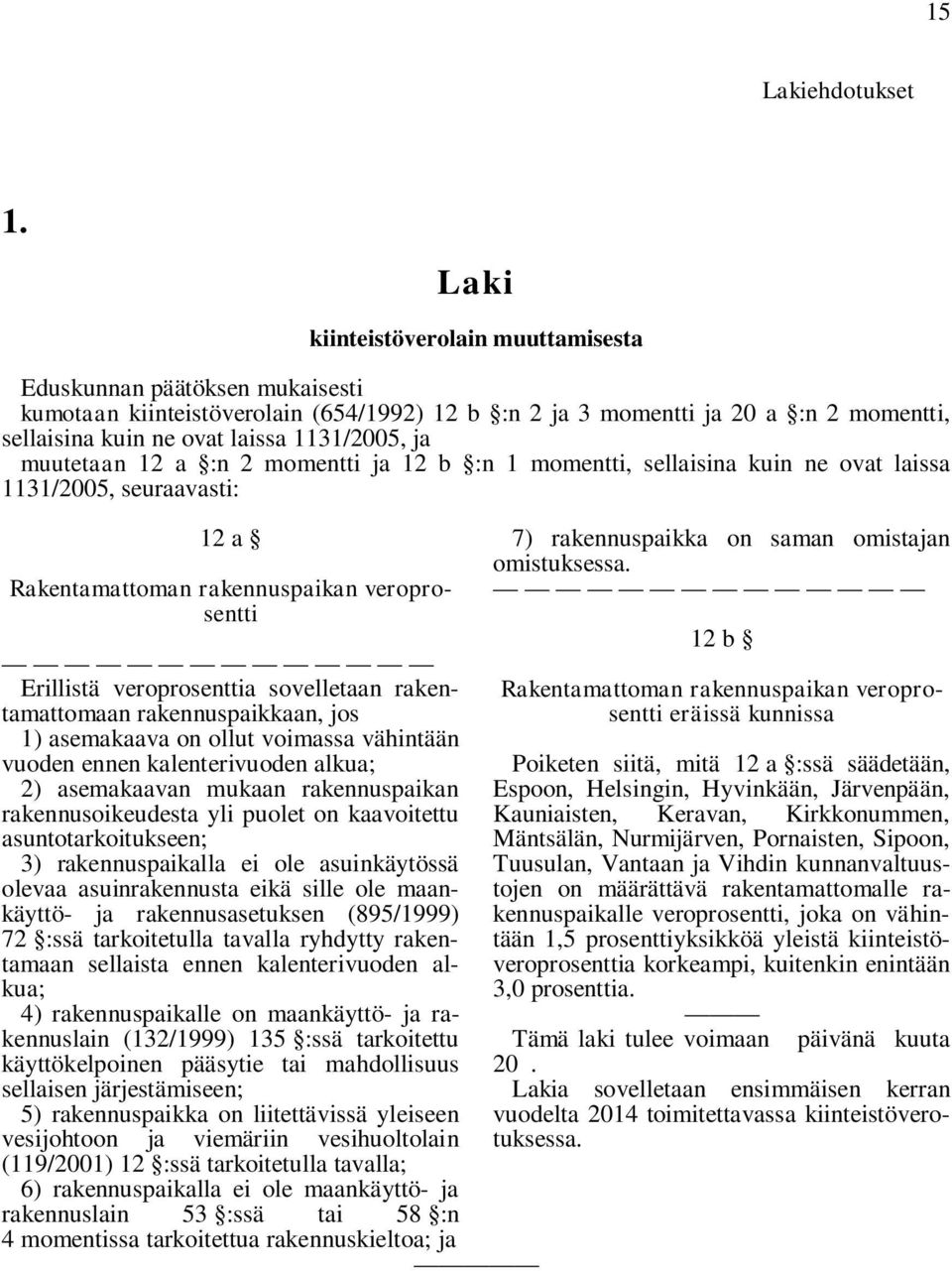 ja muutetaan 12 a :n 2 momentti ja 12 b :n 1 momentti, sellaisina kuin ne ovat laissa 1131/2005, seuraavasti: 12 a Rakentamattoman rakennuspaikan veroprosentti Erillistä veroprosenttia sovelletaan