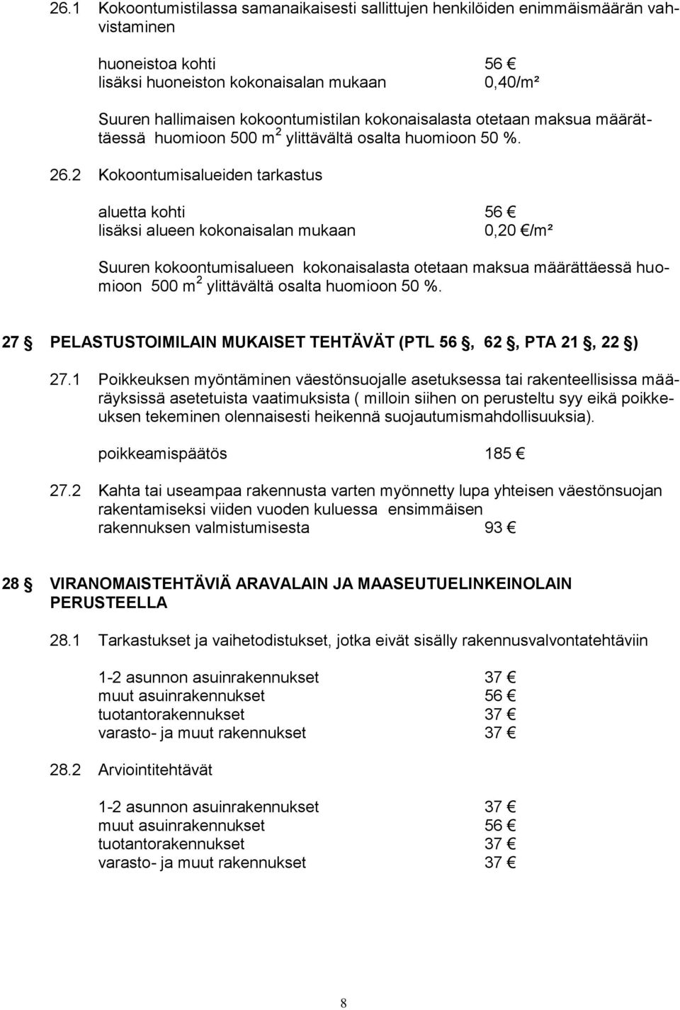 2 Kokoontumisalueiden tarkastus aluetta kohti 56 lisäksi alueen kokonaisalan mukaan 0,20 /m² Suuren kokoontumisalueen kokonaisalasta otetaan maksua määrättäessä huomioon 500 m 2 ylittävältä osalta