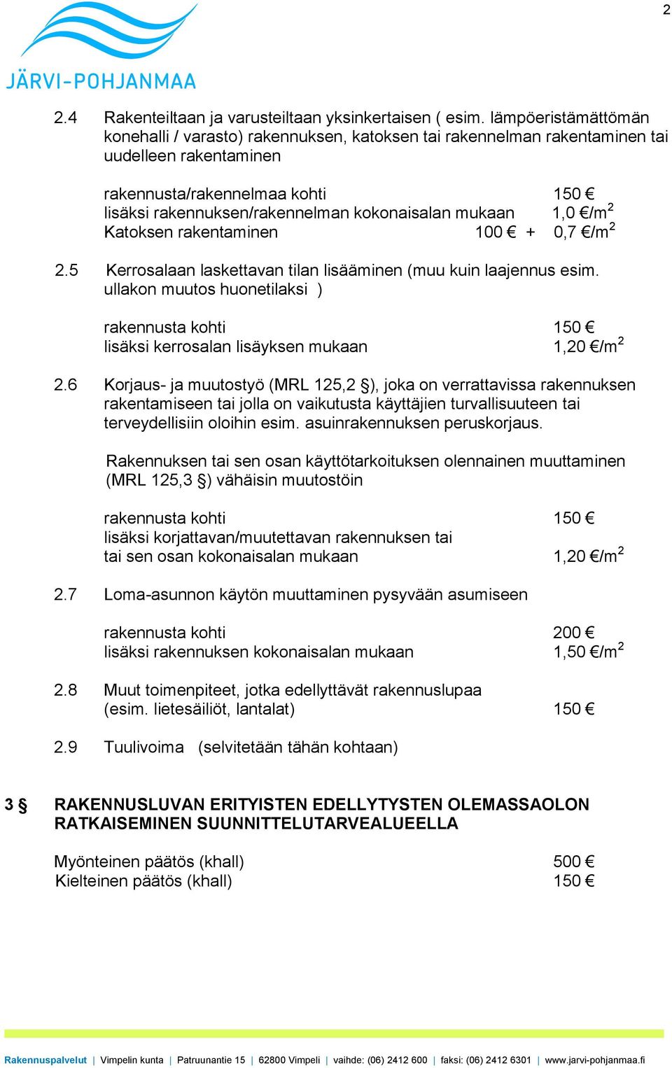 mukaan 1,0 /m 2 Katoksen rakentaminen 100 + 0,7 /m 2 2.5 Kerrosalaan laskettavan tilan lisääminen (muu kuin laajennus esim.