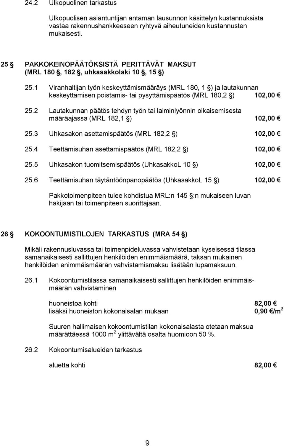 1 Viranhaltijan työn keskeyttämismääräys (MRL 180, 1 ) ja lautakunnan keskeyttämisen poistamis- tai pysyttämispäätös (MRL 180,2 ) 102,00 25.