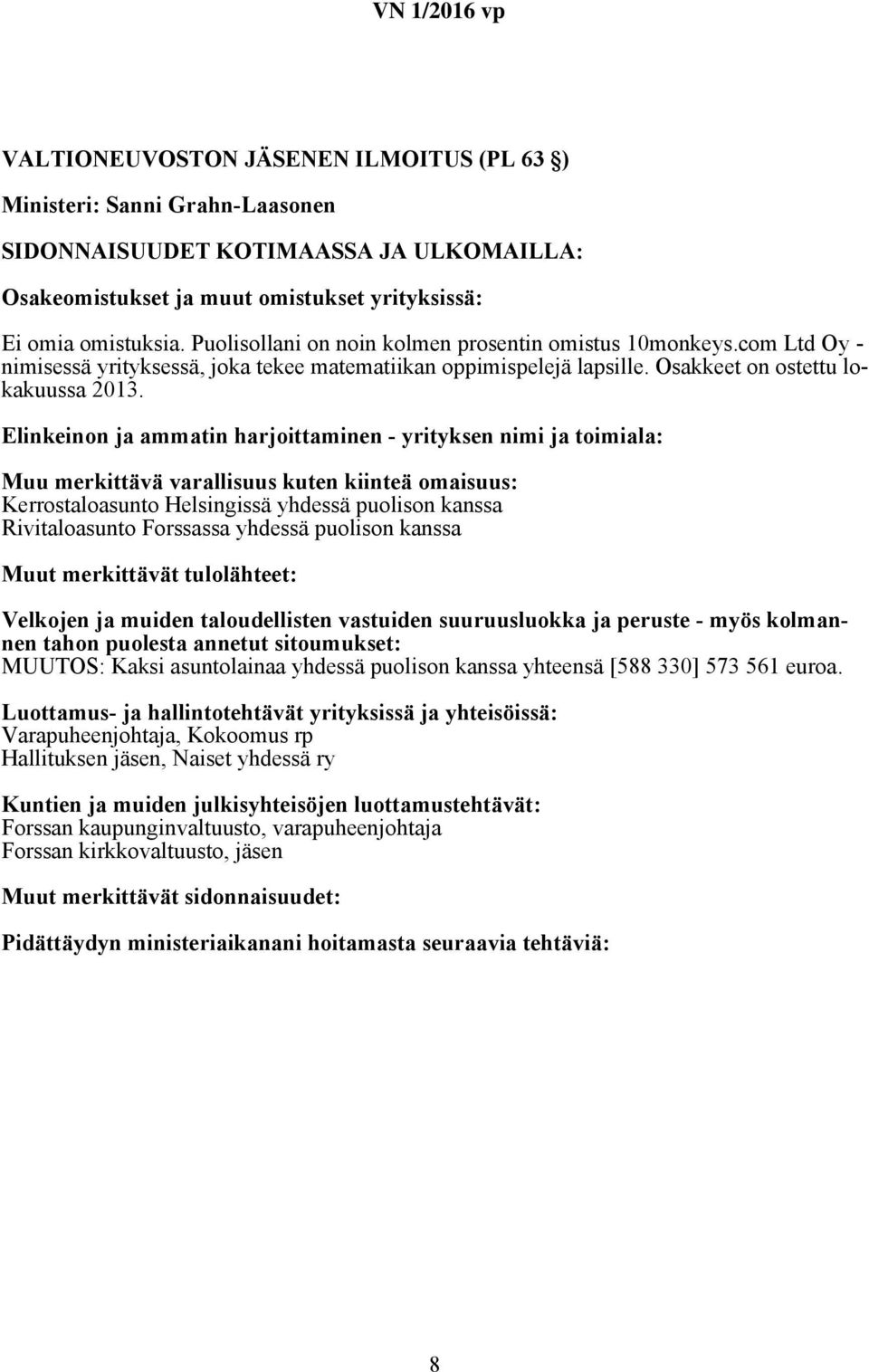 Kerrostaloasunto Helsingissä yhdessä puolison kanssa Rivitaloasunto Forssassa yhdessä puolison kanssa MUUTOS: Kaksi asuntolainaa yhdessä