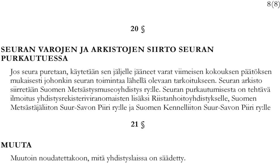 Seuran arkisto siirretään Suomen Metsästysmuseoyhdistys ry:lle.