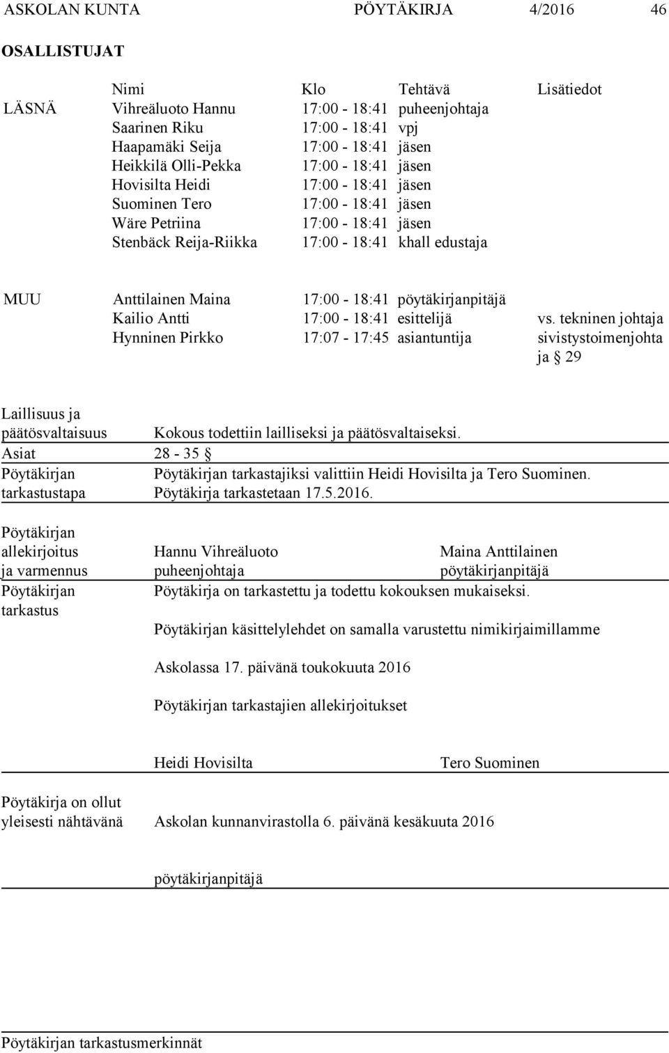 17:00-18:41 pöytäkirjanpitäjä Kailio Antti 17:00-18:41 esittelijä vs.