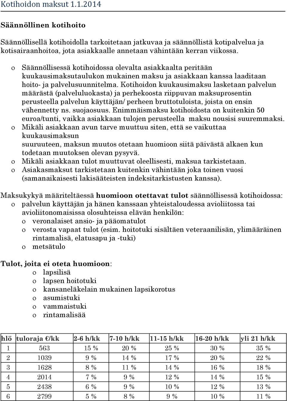 Säännöllisessä kotihoidossa olevalta asiakkaalta peritään kuukausimaksutaulukon mukainen maksu ja asiakkaan kanssa laaditaan hoito- ja palvelusuunnitelma.