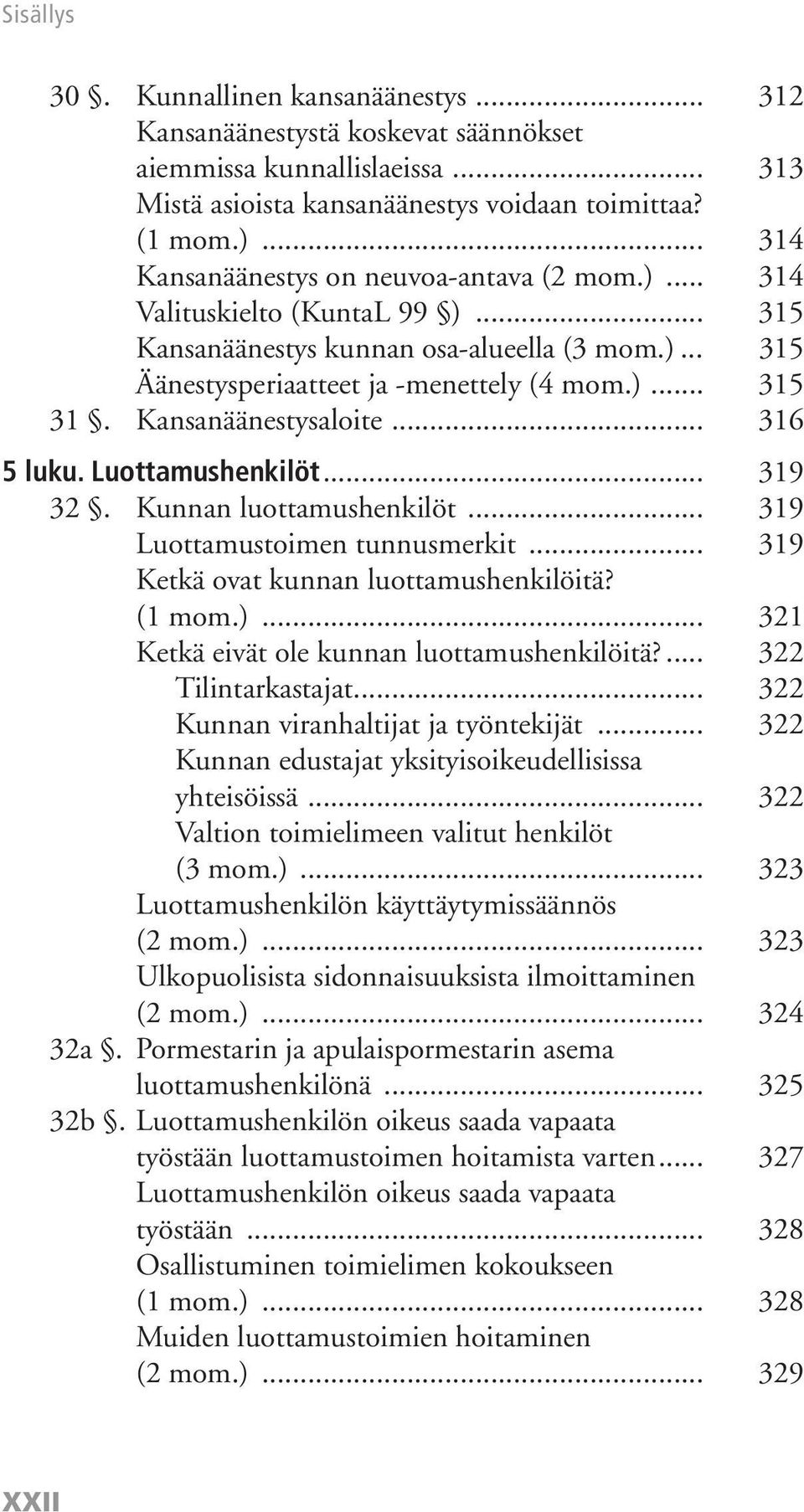 Kansanäänestysaloite... 316 5 luku. Luottamushenkilöt... 319 32. Kunnan luottamushenkilöt... 319 Luottamustoimen tunnusmerkit... 319 Ketkä ovat kunnan luottamushenkilöitä? (1 mom.).