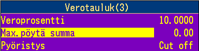 VAIHE KOLME = Verotaulukon 3 muuttaminen 9% 10% 1. Paina Valitse 1.Kassaominaisuudet 2. Valitse kohta 9.Verotaulukko 3. 4.