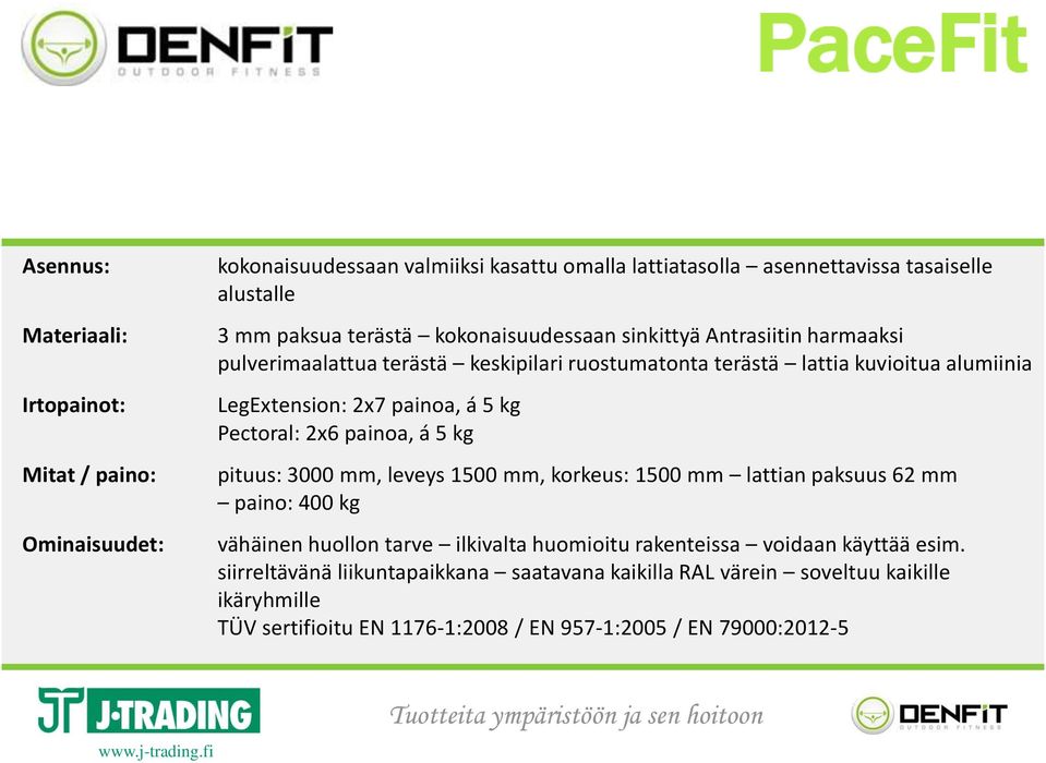 Pectoral: 2x6 painoa, á 5 kg pituus: 3000 mm, leveys 1500 mm, korkeus: 1500 mm lattian paksuus 62 mm paino: 400 kg vähäinen huollon tarve ilkivalta huomioitu rakenteissa voidaan