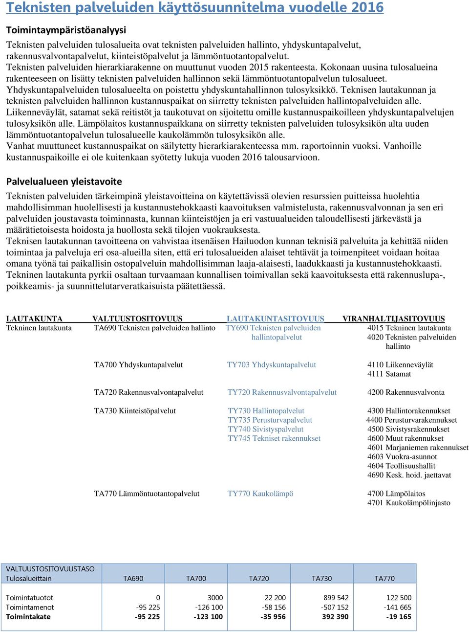 Kokonaan uusina tulosalueina rakenteeseen on lisätty teknisten palveluiden hallinnon sekä lämmöntuotantopalvelun tulosalueet.