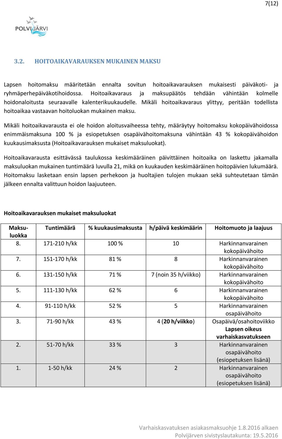 Mikäli hoitoaikavaraus ylittyy, peritään todellista hoitoaikaa vastaavan hoitoluokan mukainen maksu.