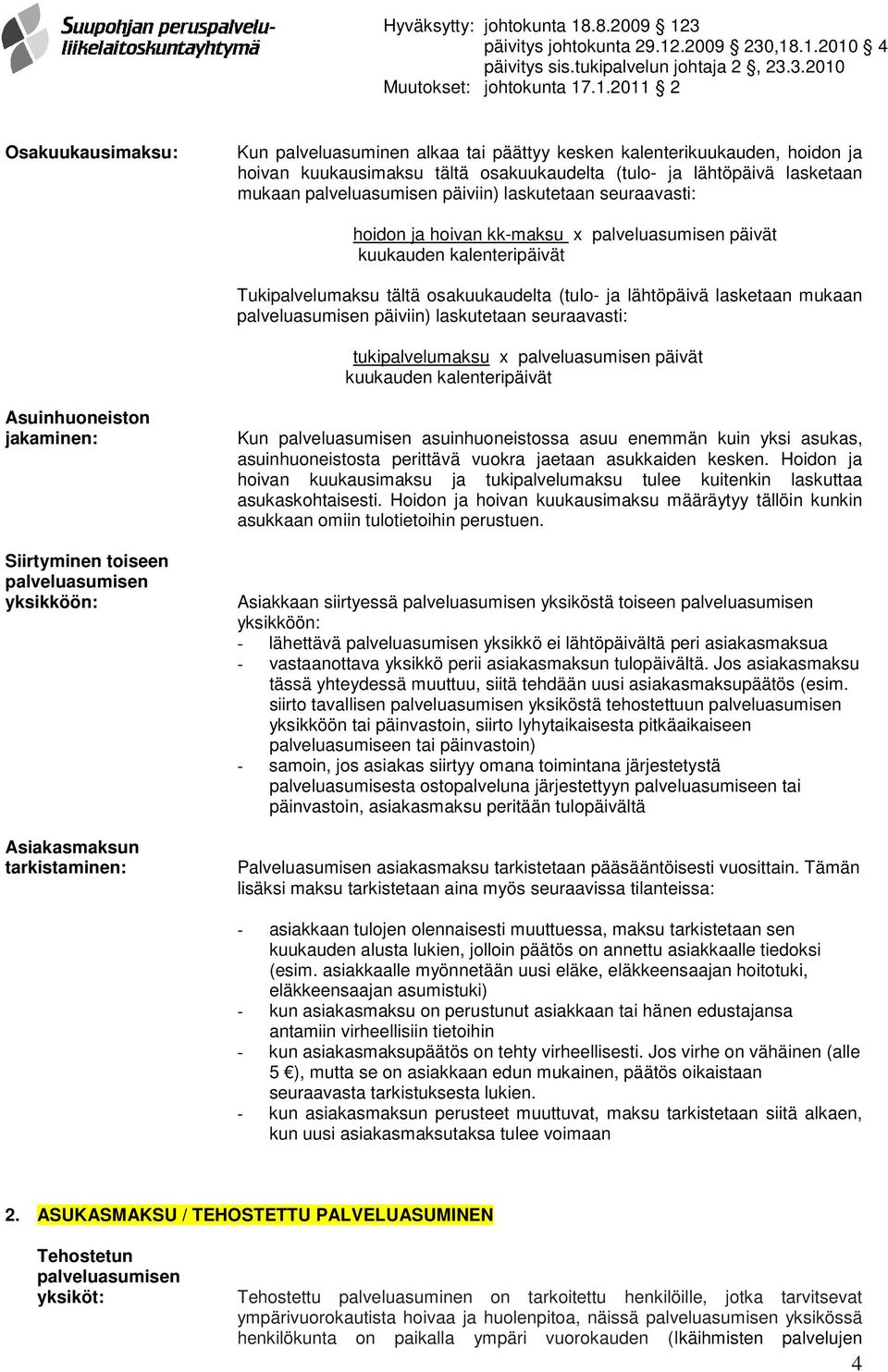 päiviin) laskutetaan seuraavasti: tukipalvelumaksu x palveluasumisen päivät kuukauden kalenteripäivät Asuinhuoneiston jakaminen: Siirtyminen toiseen palveluasumisen yksikköön: Asiakasmaksun