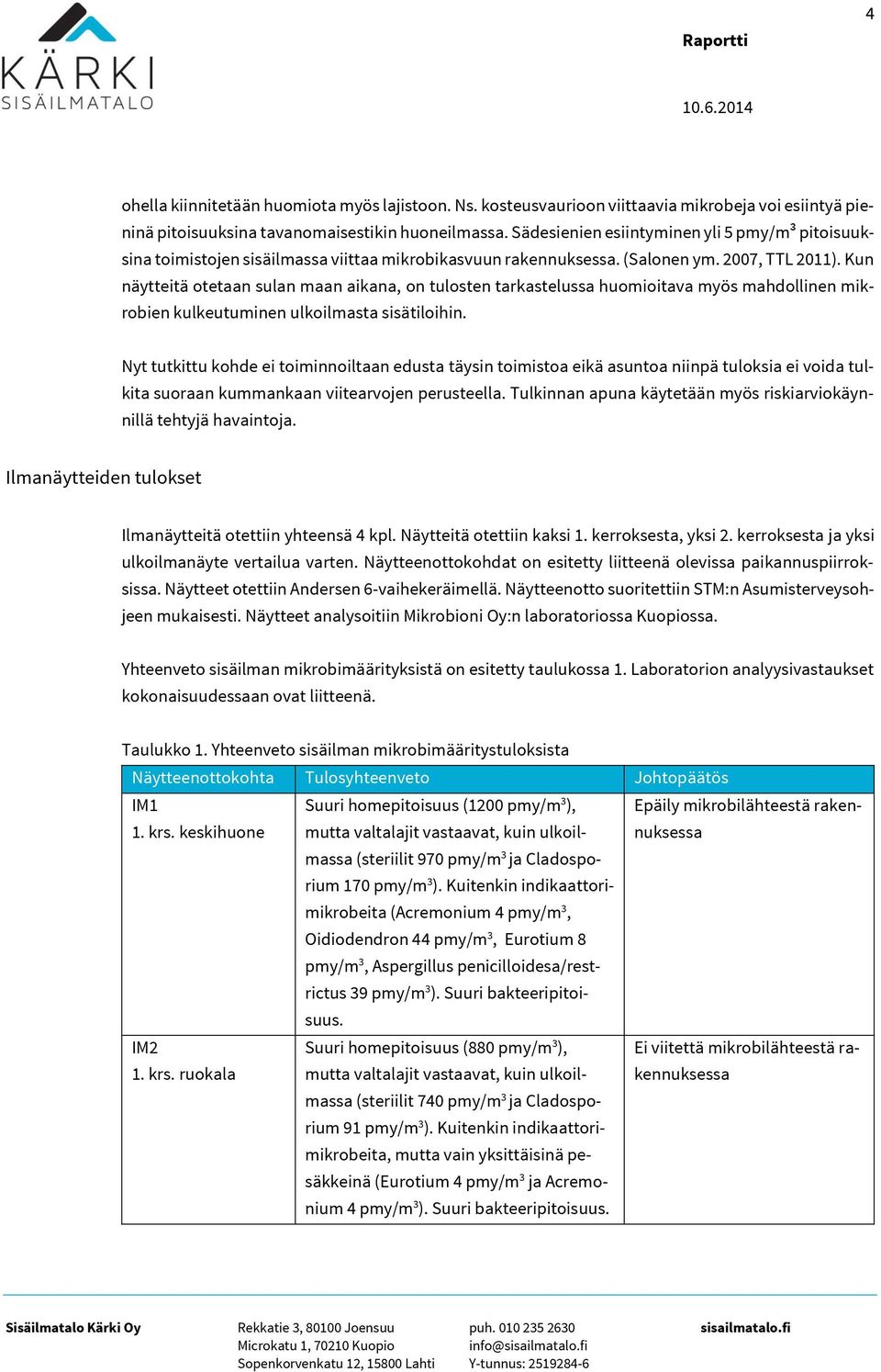 Kun näytteitä otetaan sulan maan aikana, on tulosten tarkastelussa huomioitava myös mahdollinen mikrobien kulkeutuminen ulkoilmasta sisätiloihin.