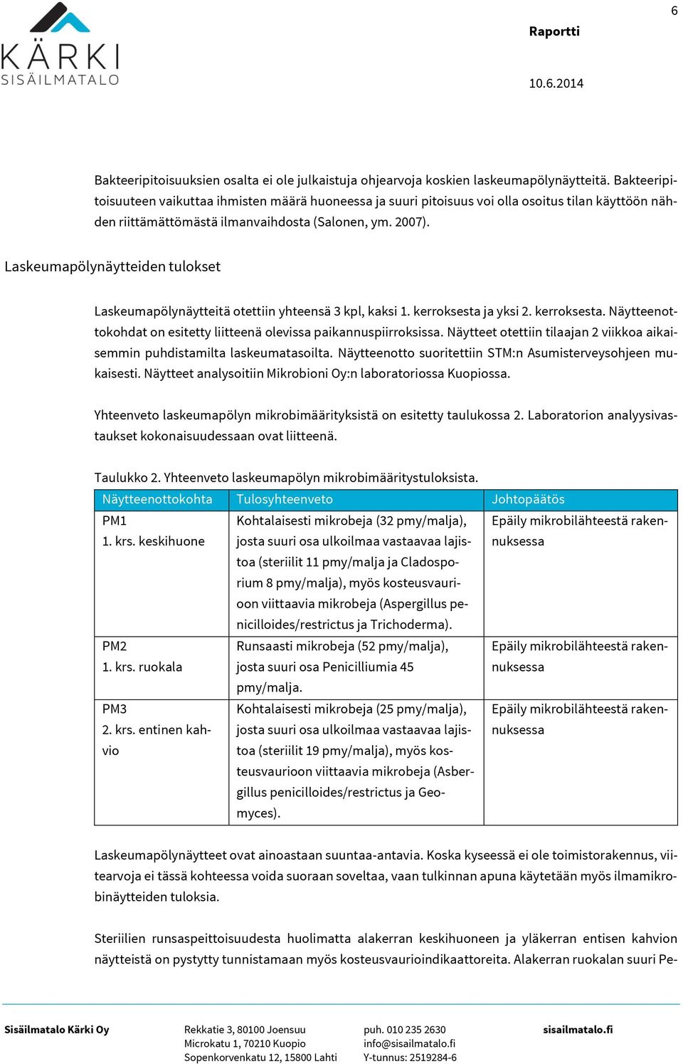 Laskeumapölynäytteiden tulokset Laskeumapölynäytteitä otettiin yhteensä 3 kpl, kaksi 1. kerroksesta ja yksi 2. kerroksesta. Näytteenottokohdat on esitetty liitteenä olevissa paikannuspiirroksissa.