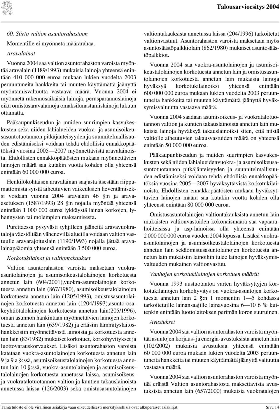 muuten käyttämättä jäänyttä myöntämisvaltuutta vastaava määrä. Vuonna 2004 ei myönnetä rakennusaikaisia lainoja, perusparannuslainoja eikä omistusaravalainoja omaksilunastamislainoja lukuun ottamatta.