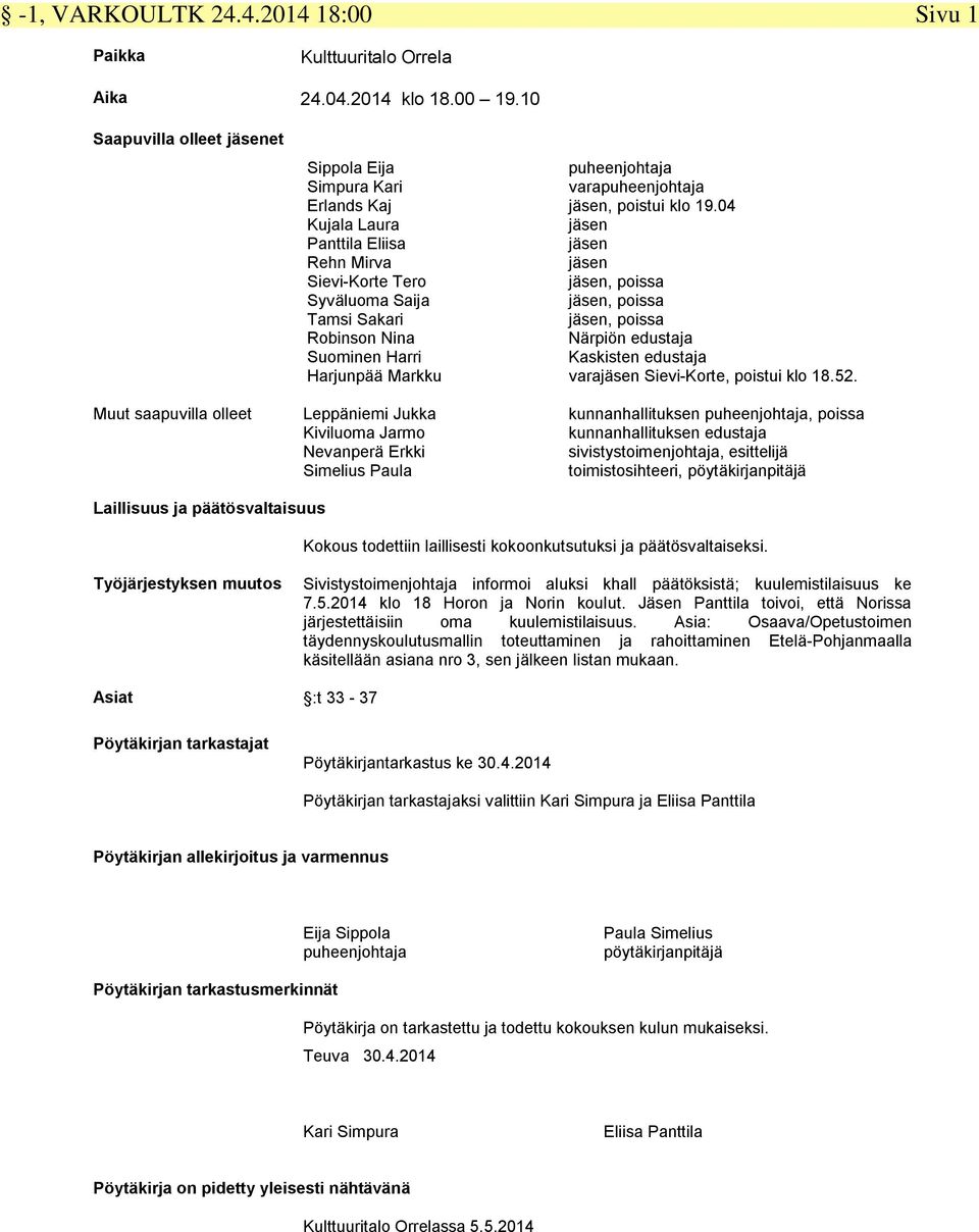Harri Harjunpää Markku Leppäniemi Jukka Kiviluoma Jarmo Nevanperä Erkki Simelius Paula puheenjohtaja varapuheenjohtaja jäsen, poistui klo 19.