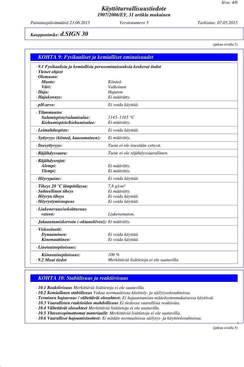 Tilanmuutos Sulamispiste/sulamisalue: 1145 1165 C Kiehumispiste/kiehumisalue: Ei määrätty. Leimahduspiste: Ei voida käyttää. Syttyvyys (kiinteä, kaasumainen): Ei määrätty.