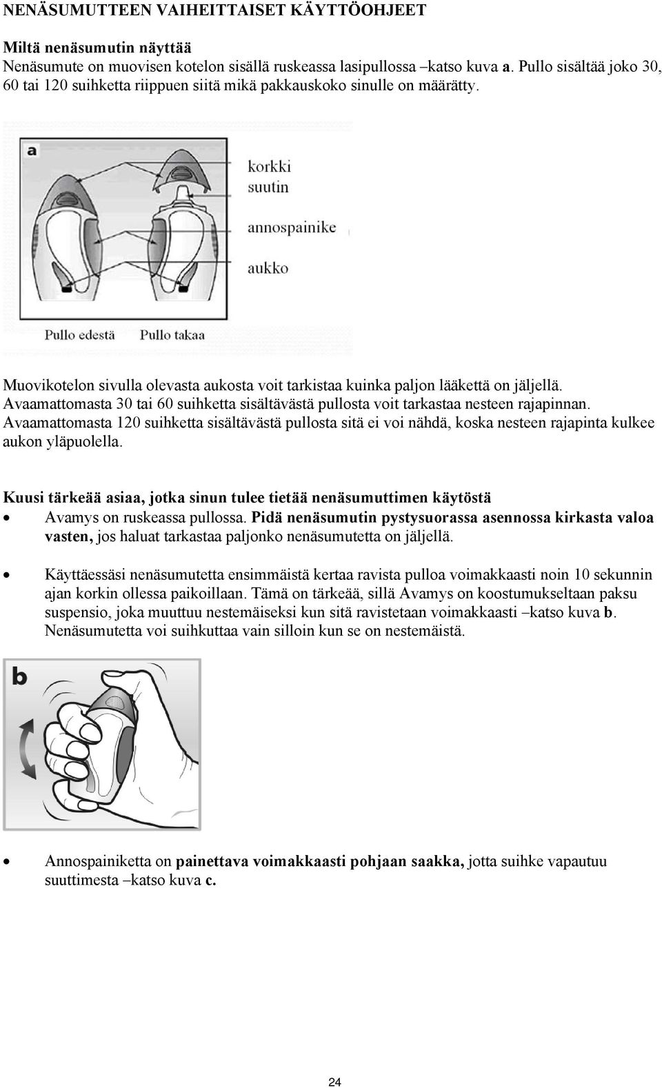 Avaamattomasta 30 tai 60 suihketta sisältävästä pullosta voit tarkastaa nesteen rajapinnan.