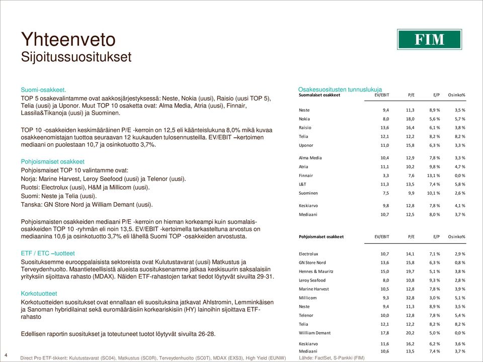 TOP 10 -osakkeiden keskimääräinen P/E -kerroin on 12,5 eli käänteislukuna 8,0% mikä kuvaa osakkeenomistajan tuottoa seuraavan 12 kuukauden tulosennusteilla.