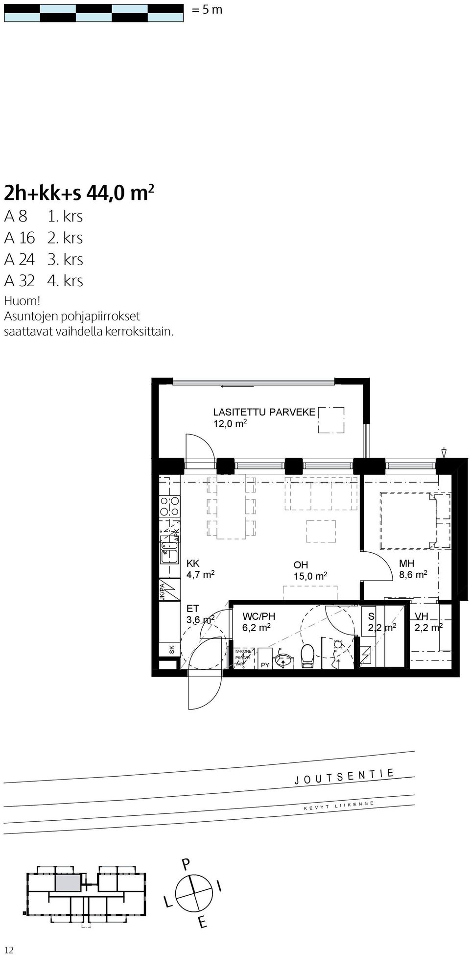 LASTTU PARVK 12,0 m 2 APK KK OH MH 4,7 m 2 15,0 m 2 8,6 m 2 JK/PA 3,6 m 2