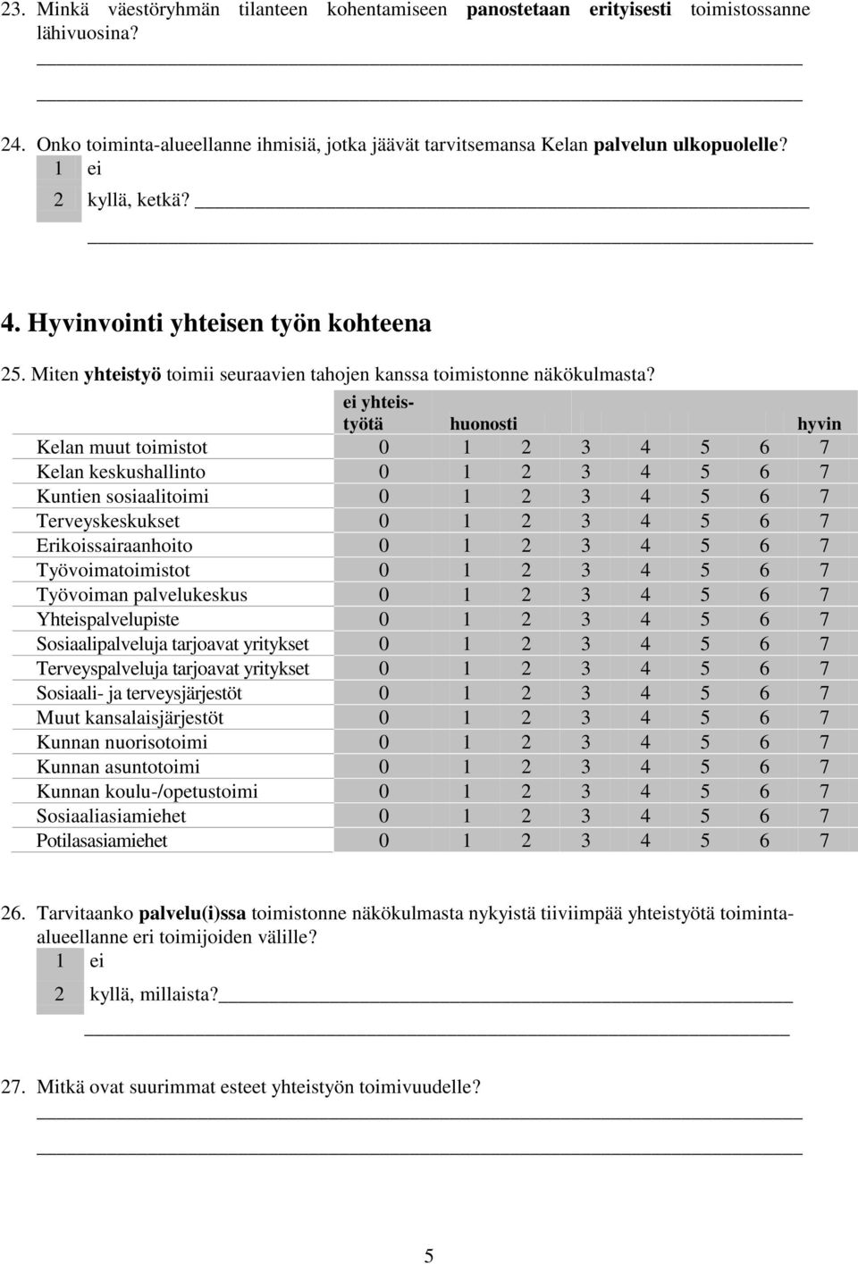 ei yhteistyötä huonosti hyvin Kelan muut toimistot 0 1 2 3 4 5 6 7 Kelan keskushallinto 0 1 2 3 4 5 6 7 Kuntien sosiaalitoimi 0 1 2 3 4 5 6 7 Terveyskeskukset 0 1 2 3 4 5 6 7 Erikoissairaanhoito 0 1