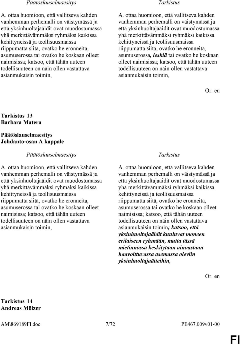 siitä, ovatko he eronneita, asumuserossa, leskiä tai ovatko he koskaan olleet naimisissa; katsoo, että tähän uuteen todellisuuteen on näin ollen vastattava asianmukaisin toimin, 13 Barbara Matera