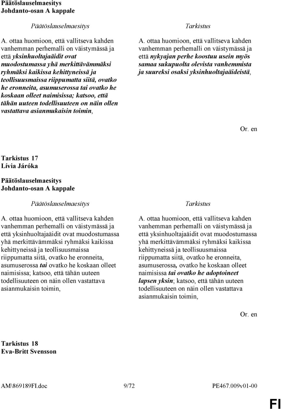 riippumatta siitä, ovatko he eronneita, asumuserossa tai ovatko he koskaan olleet naimisissa; katsoo, että tähän uuteen todellisuuteen on näin ollen vastattava asianmukaisin toimin, A.