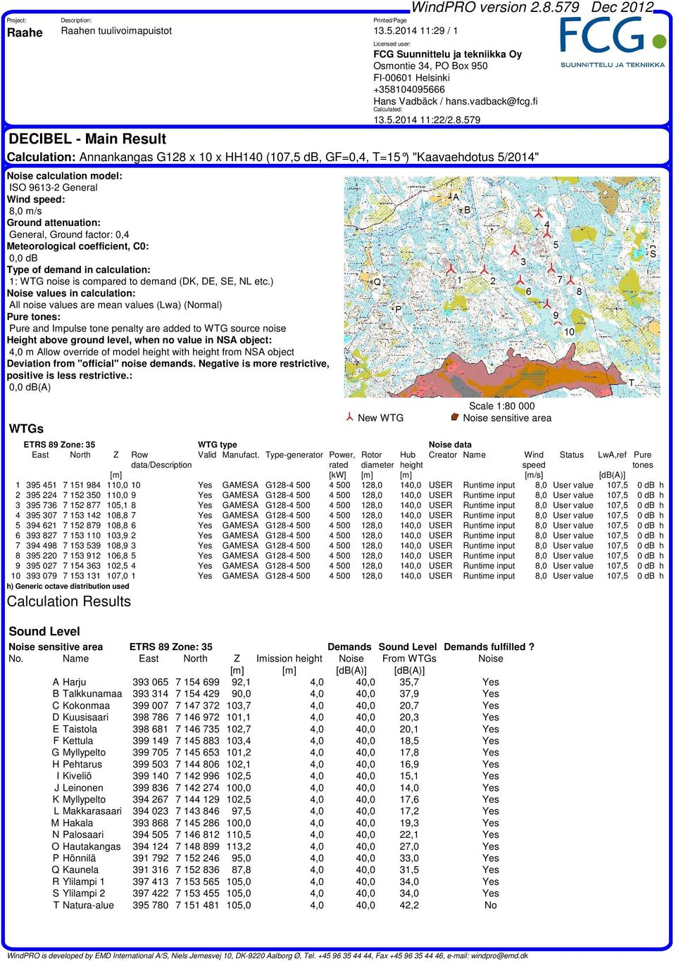 8.579 DECIBEL - Main Result Calculation: Annankangas G128 x x HH1 (7,5 db, GF=,4, T=15 ) "Kaavaehdotus 5/214" Noise calculation model: ISO 9613-2 General Wind speed: 8, m/s Ground attenuation: