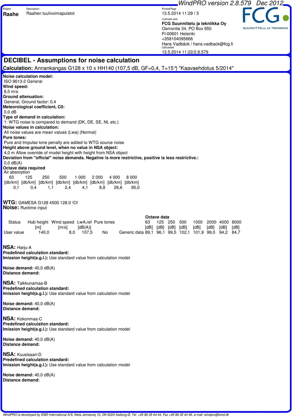 8.579 DECIBEL - Assumptions for noise calculation Calculation: Annankangas G128 x x HH1 (7,5 db, GF=,4, T=15 ) "Kaavaehdotus 5/214" Noise calculation model: ISO 9613-2 General Wind speed: 8, m/s