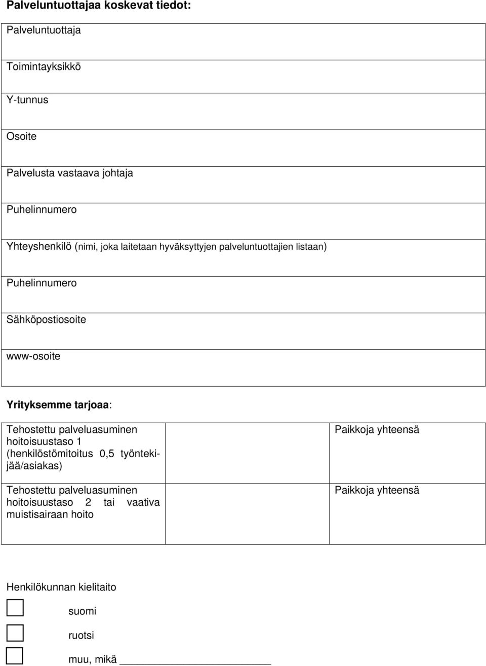 Yrityksemme tarjoaa: Tehostettu palveluasuminen hoitoisuustaso 1 (henkilöstömitoitus 0,5 työntekijää/asiakas) Tehostettu