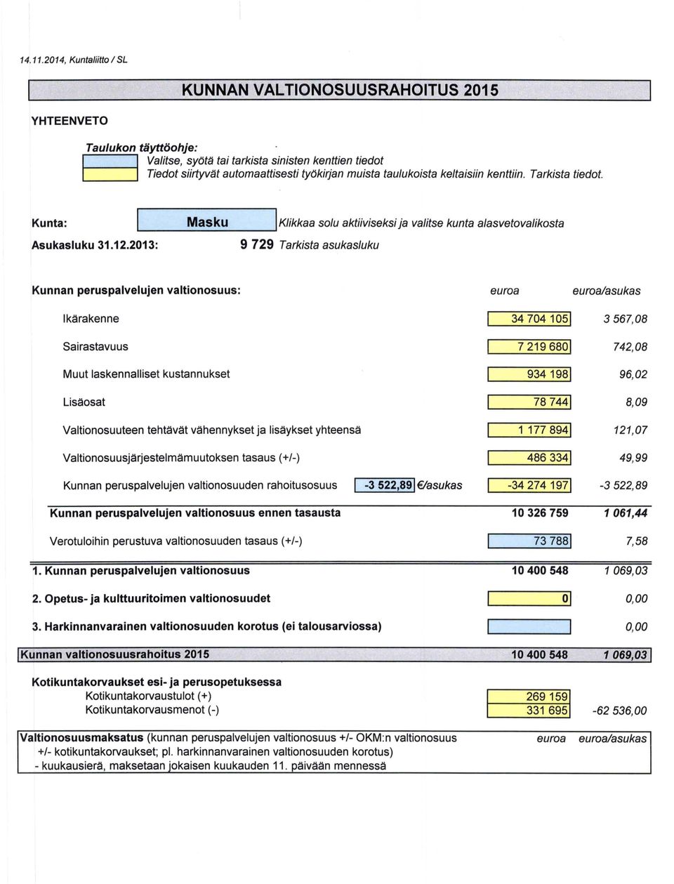 taulukoista keltaisiin ken ttiin. Tarkista fiedot. Klikkaa solu aktiiviseksi ja valitse kunta alasvetovalikosta Asukasluku 31.12.