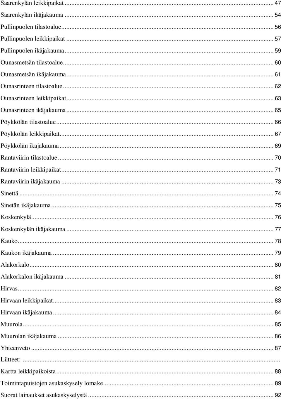 .. 67 Pöykkölän ikajakauma... 69 Rantaviirin tilastoalue... 70 Rantaviirin leikkipaikat... 71 Rantaviirin ikäjakauma... 73 Sinettä... 74 Sinetän ikäjakauma... 75 Koskenkylä... 76 Koskenkylän ikäjakauma.