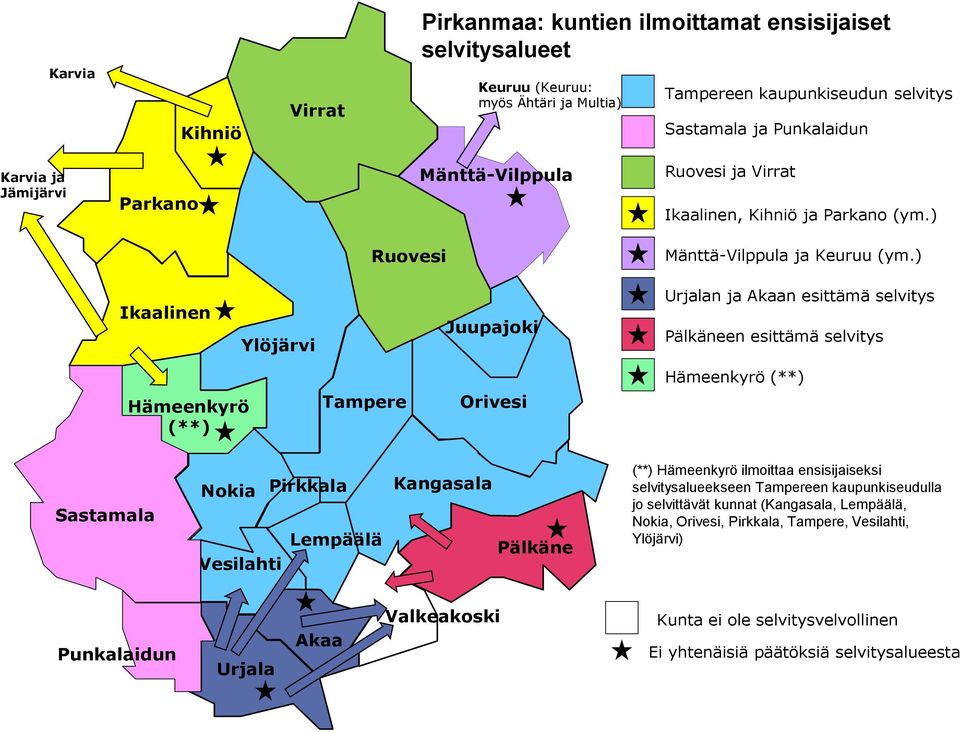 ) Ikaalinen Ylöjärvi Juupajoki Urjalan ja Akaan esittämä selvitys Pälkäneen esittämä selvitys Hämeenkyrö (**) Hämeenkyrö (**) Tampere Orivesi Sastamala Nokia Pirkkala Lempäälä Vesilahti Kangasala