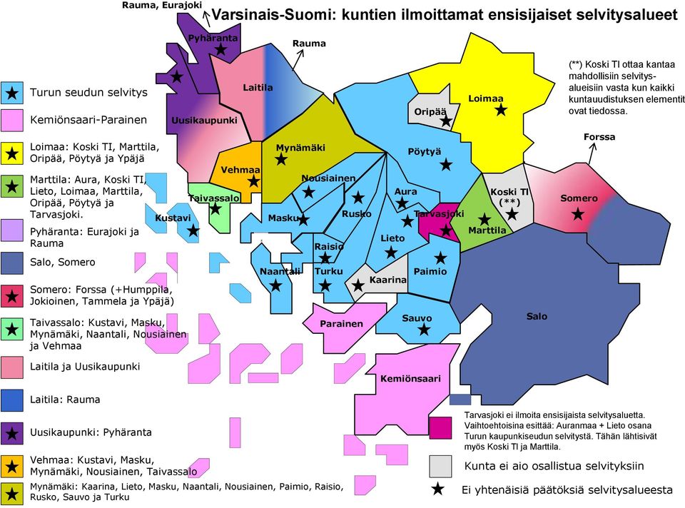 Pyhäranta: Eurajoki ja Rauma Salo, Somero Kustavi Somero: Forssa (+Humppila, Jokioinen, Tammela ja Ypäjä) Taivassalo: Kustavi, Masku, Mynämäki, Naantali, Nousiainen ja Vehmaa Uusikaupunki Taivassalo