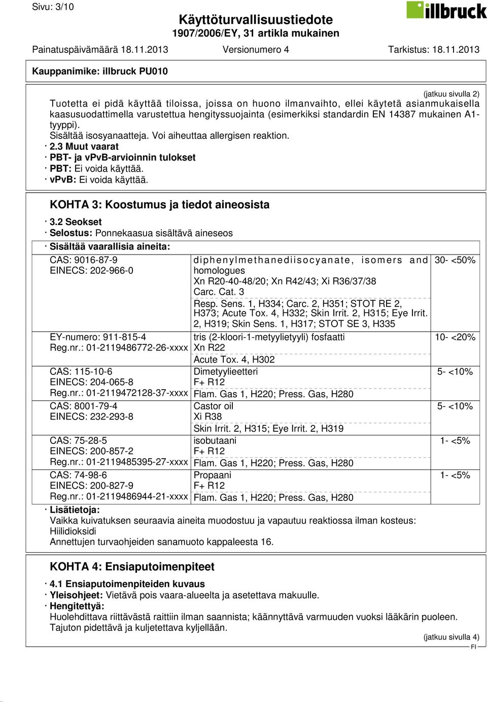 KOHTA 3: Koostumus ja tiedot aineosista 3.2 Seokset Selostus: Ponnekaasua sisältävä aineseos Sisältää vaarallisia aineita: CAS: 9016-87-9 EINECS: 202-966-0 EY-numero: 911-815-4 Reg.nr.