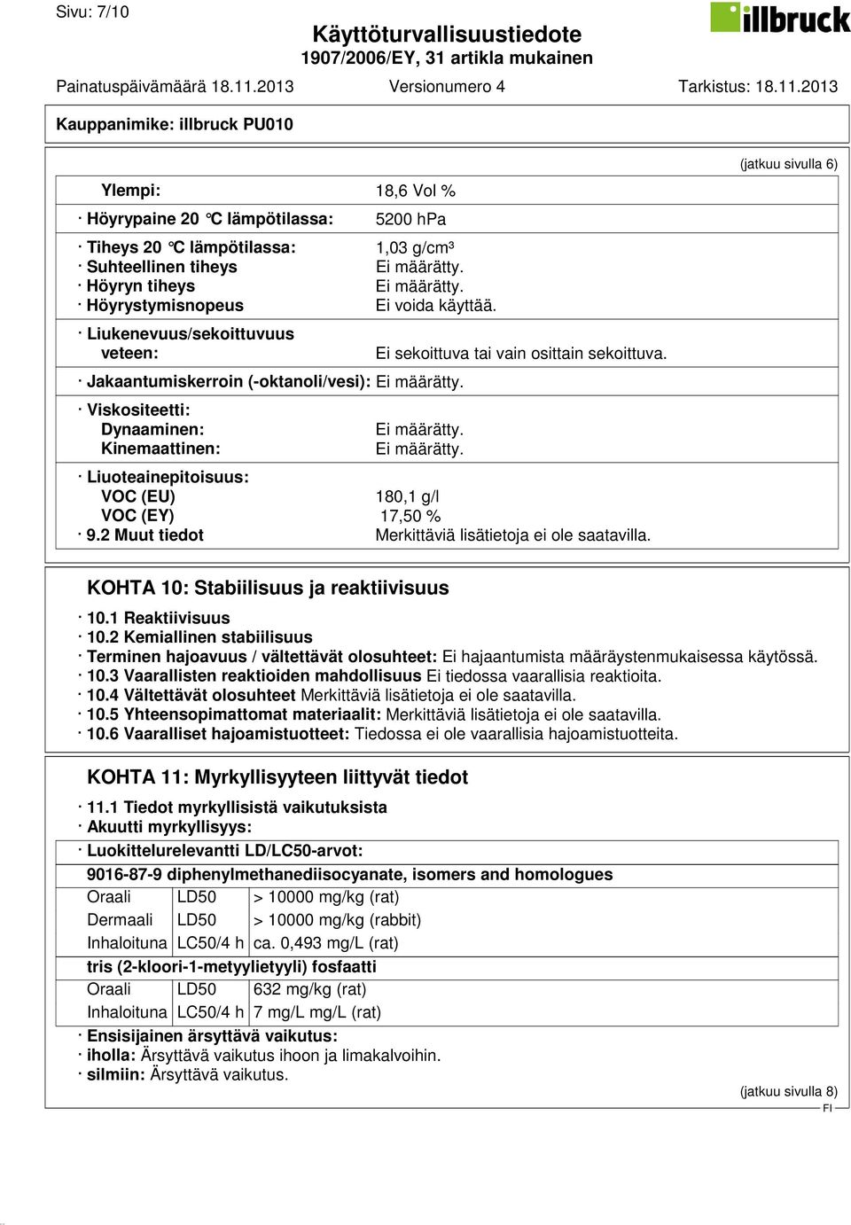 Viskositeetti: Dynaaminen: Kinemaattinen: Ei sekoittuva tai vain osittain sekoittuva. Ei määrätty. Ei määrätty. Liuoteainepitoisuus: VOC (EU) 180,1 g/l VOC (EY) 17,50 % 9.