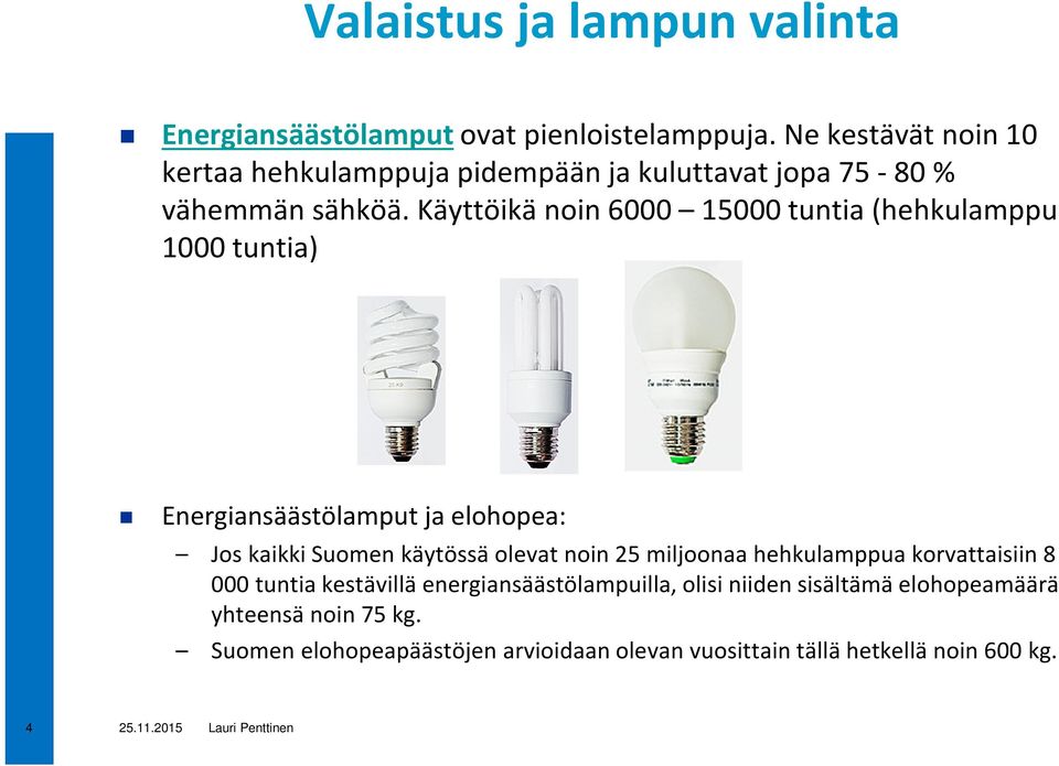 Käyttöikä noin 6000 15000 tuntia (hehkulamppu 1000 tuntia) Energiansäästölamput ja elohopea: Jos kaikki Suomen käytössä olevat noin 25