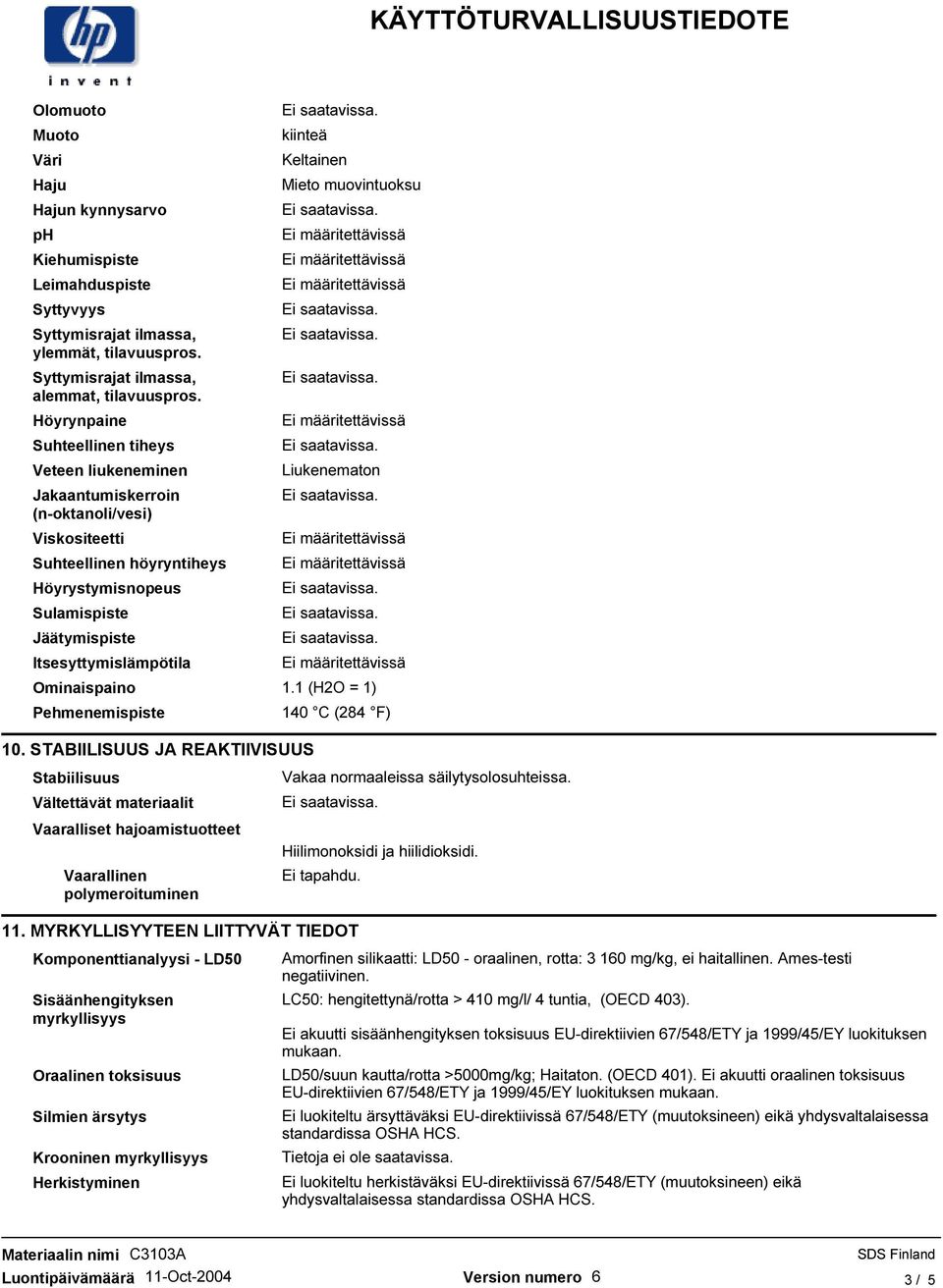 Ominaispaino Pehmenemispiste kiinteä Keltainen Mieto muovintuoksu Liukenematon 1.1 (H2O = 1) 140 C (284 F) 10.