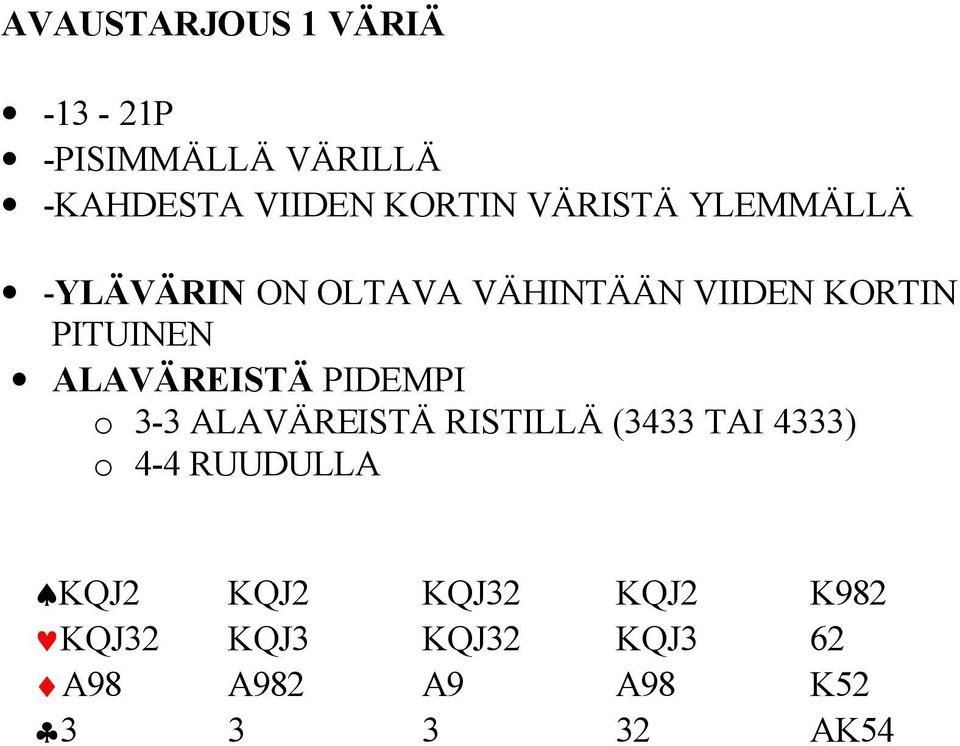 ALAVÄREISTÄ PIDEMPI o 3-3 ALAVÄREISTÄ RISTILLÄ (3433 TAI 4333) o 4-4