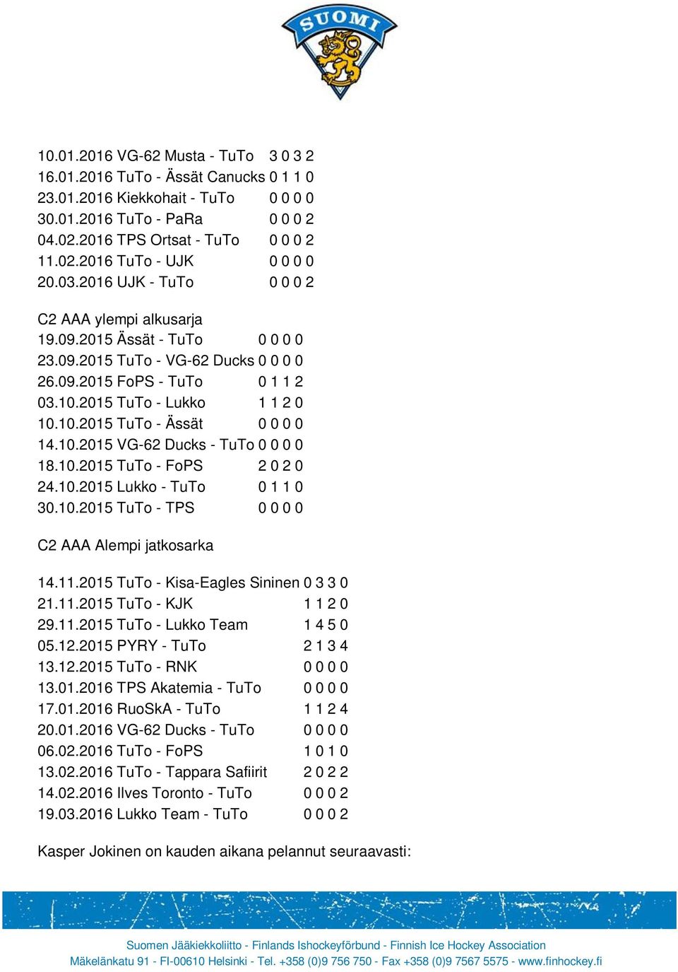 10.2015 VG-62 Ducks - TuTo 0 0 0 0 18.10.2015 TuTo - FoPS 2 0 2 0 24.10.2015 Lukko - TuTo 0 1 1 0 30.10.2015 TuTo - TPS 0 0 0 0 C2 AAA Alempi jatkosarka 14.11.