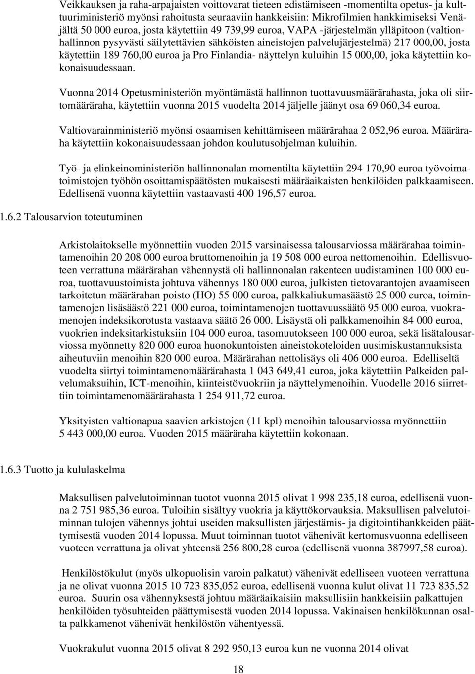 euroa ja Pro Finlandia- näyttelyn kuluihin 15 000,00, joka käytettiin kokonaisuudessaan.