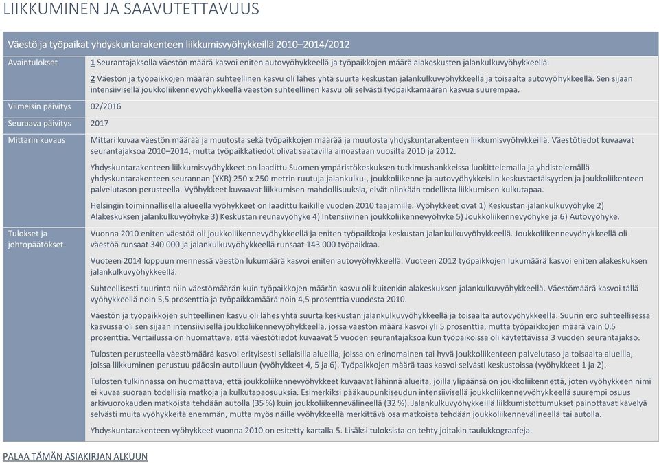 2 Väestön ja työpaikkojen määrän suhteellinen kasvu oli lähes yhtä suurta keskustan jalankulkuvyöhykkeellä ja toisaalta autovyöhykkeellä.