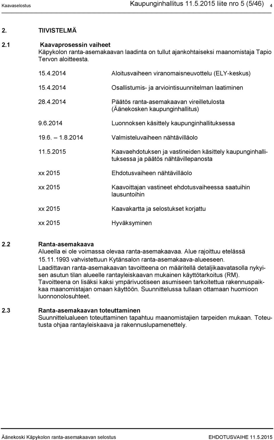 5.2015 Kaavaehdotuksen ja vastineiden käsittely kaupunginhallituksessa ja päätös nähtävillepanosta xx 2015 xx 2015 xx 2015 xx 2015 Ehdotusvaiheen nähtävilläolo Kaavoittajan vastineet ehdotusvaiheessa