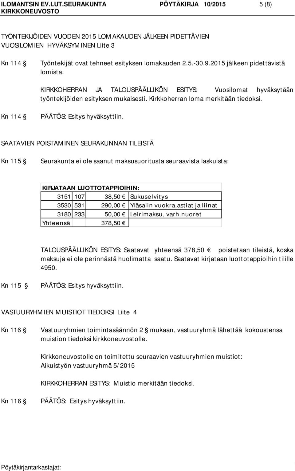 Kn 114 SAATAVIEN POISTAMINEN SEURAKUNNAN TILEISTÄ Kn 115 Seurakunta ei ole saanut maksusuoritusta seuraavista laskuista: KIRJATAAN LUOTTOTAPPIOIHIN: 3151 107 38,50 Sukuselvitys 3530 531 290,00