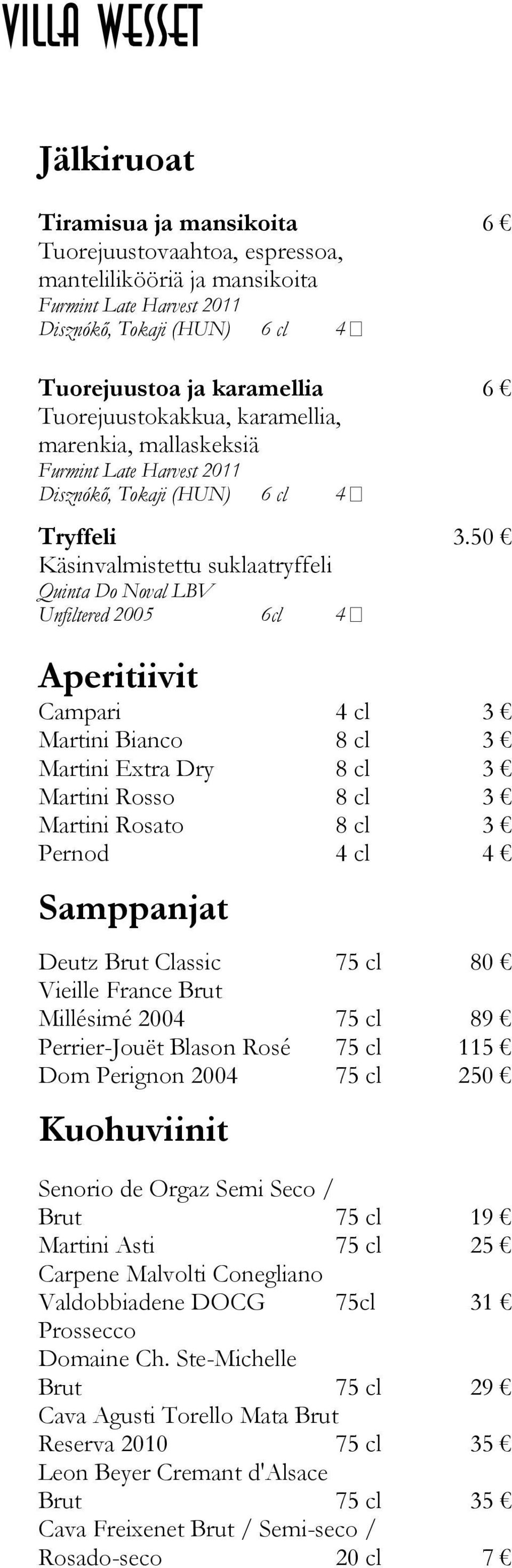 50 Aperitiivit Campari 4 cl 3 Martini Bianco 8 cl 3 Martini Extra Dry 8 cl 3 Martini Rosso 8 cl 3 Martini Rosato 8 cl 3 Pernod 4 cl 4 Samppanjat Deutz Brut Classic 80 Vieille France Brut Millésimé