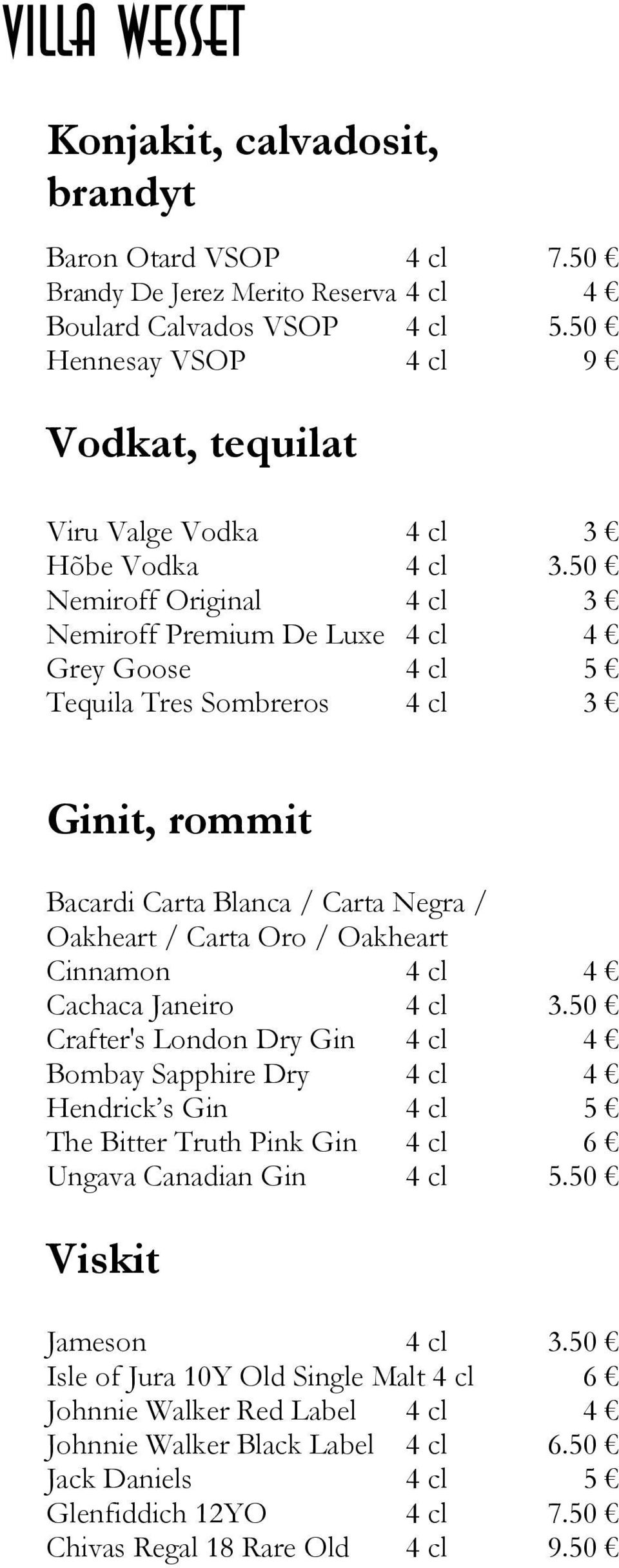 50 Nemiroff Original 4 cl 3 Nemiroff Premium De Luxe 4 cl 4 Grey Goose 4 cl 5 Tequila Tres Sombreros 4 cl 3 Ginit, rommit Bacardi Carta Blanca / Carta Negra / Oakheart / Carta Oro / Oakheart