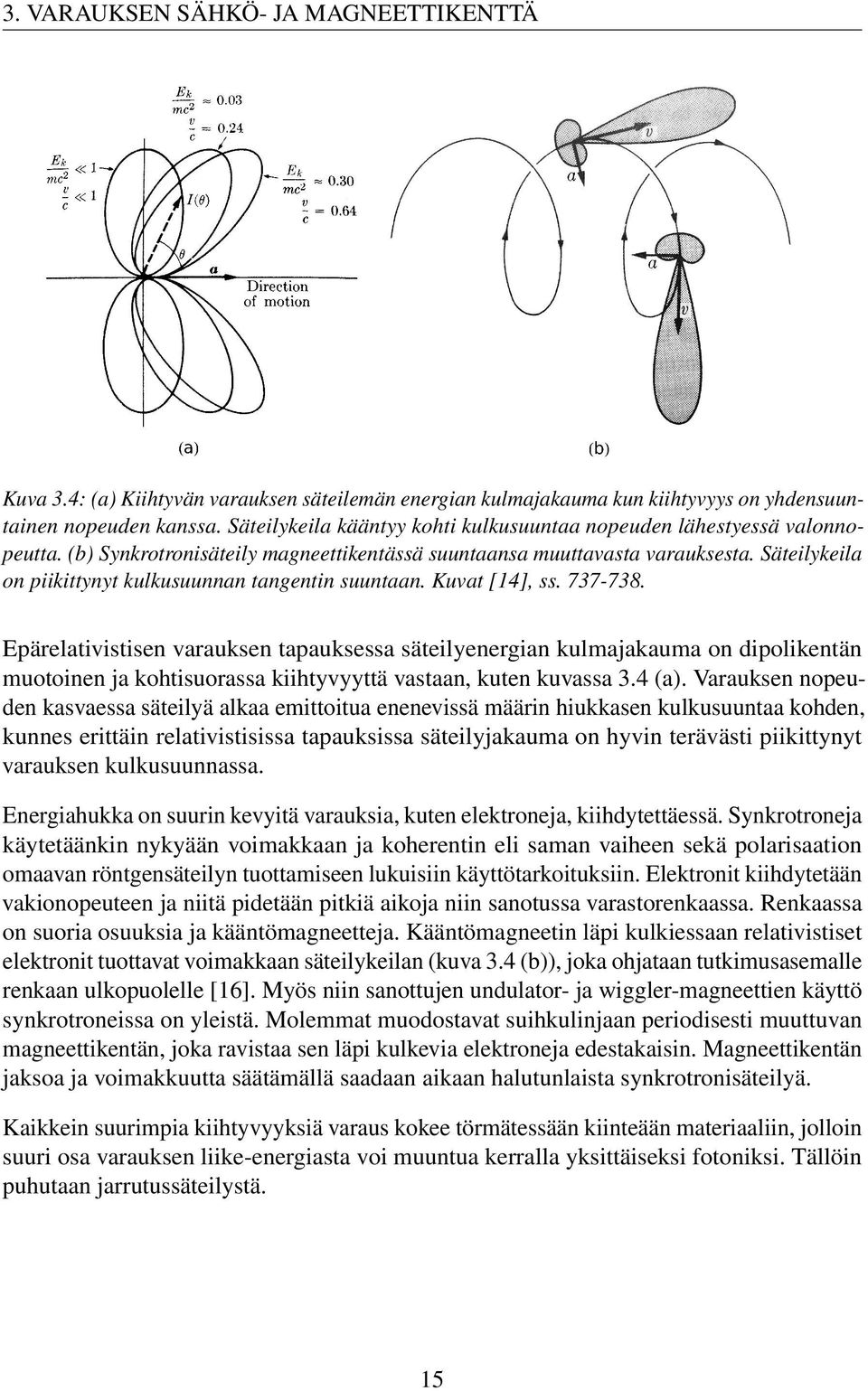 Säteilykeila on piikittynyt kulkusuunnan tangentin suuntaan. Kuvat [14], ss. 737-738.