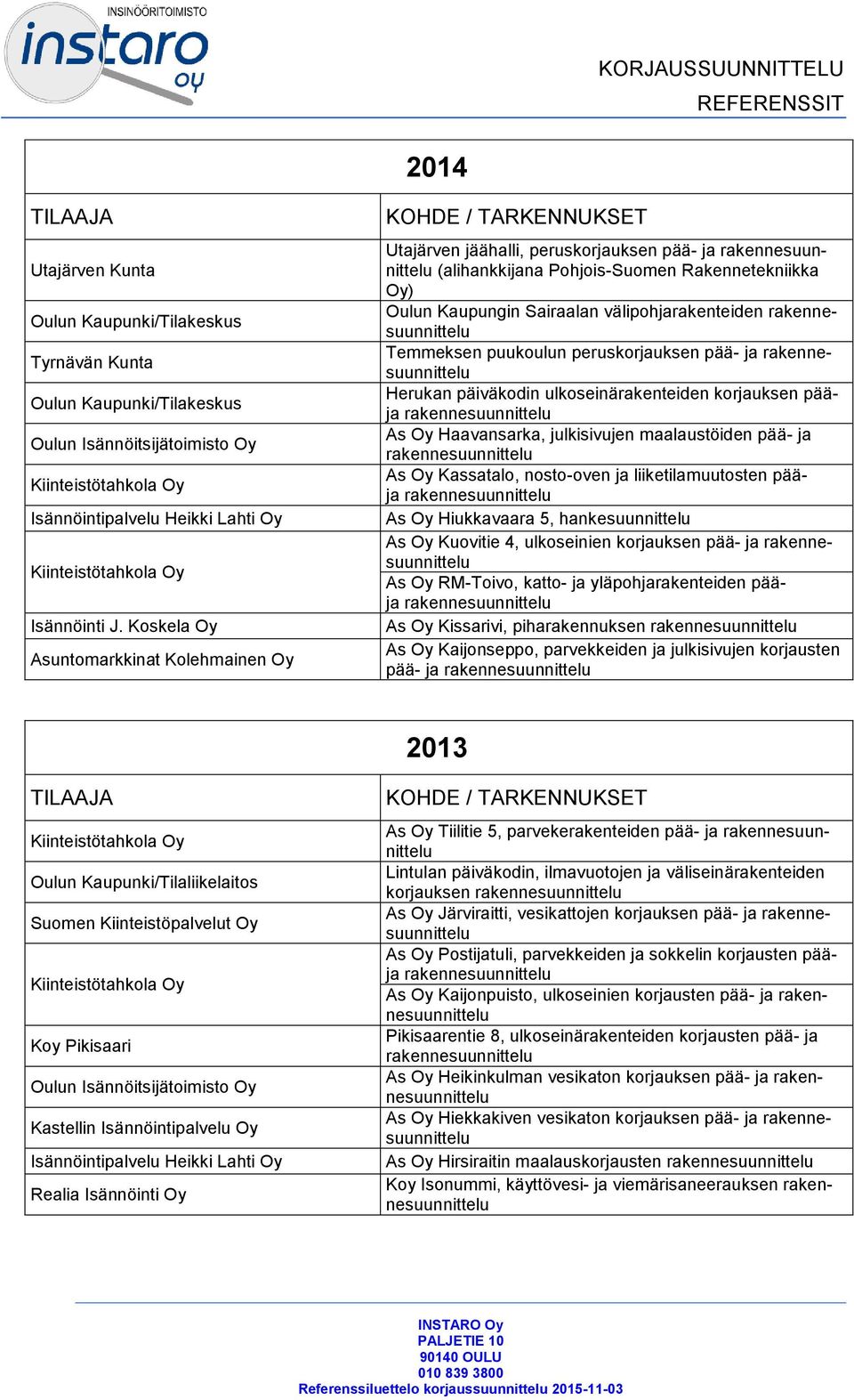 nosto-oven ja liiketilamuutosten pääja As Oy Hiukkavaara 5, hankesuunnittelu As Oy Kuovitie 4, ulkoseinien korjauksen pää- ja As Oy RM-Toivo, katto- ja yläpohjarakenteiden pääja As Oy Kissarivi,