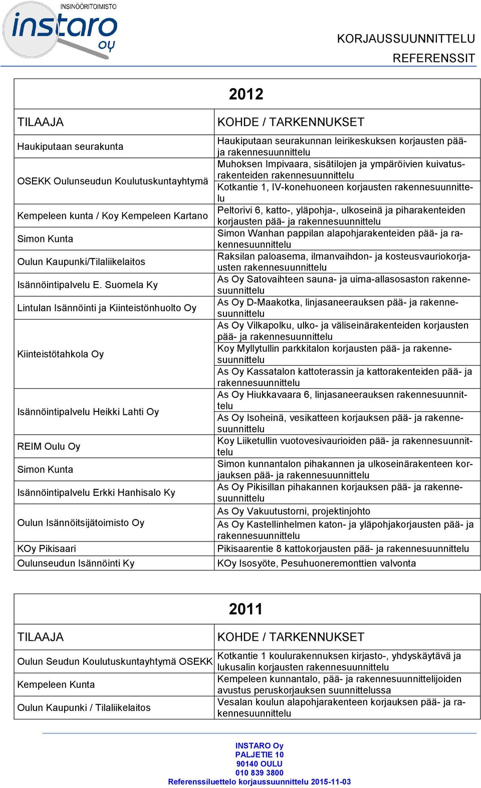 korjausten pääja Muhoksen Impivaara, sisätilojen ja ympäröivien kuivatusrakenteiden Kotkantie 1, IV-konehuoneen korjausten Peltorivi 6, katto-, yläpohja-, ulkoseinä ja piharakenteiden korjausten pää-